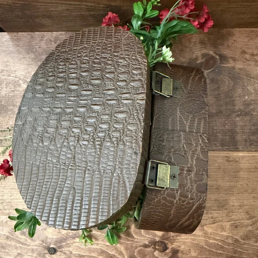 Floral Arrangement in Faux Crocodile Oval Box Red Floral Pinecones Decor Vintage